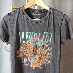 GUESS Wild Graphic Tee – Women’s XS Leopard Tiger Print Acid Wash T-Shirt